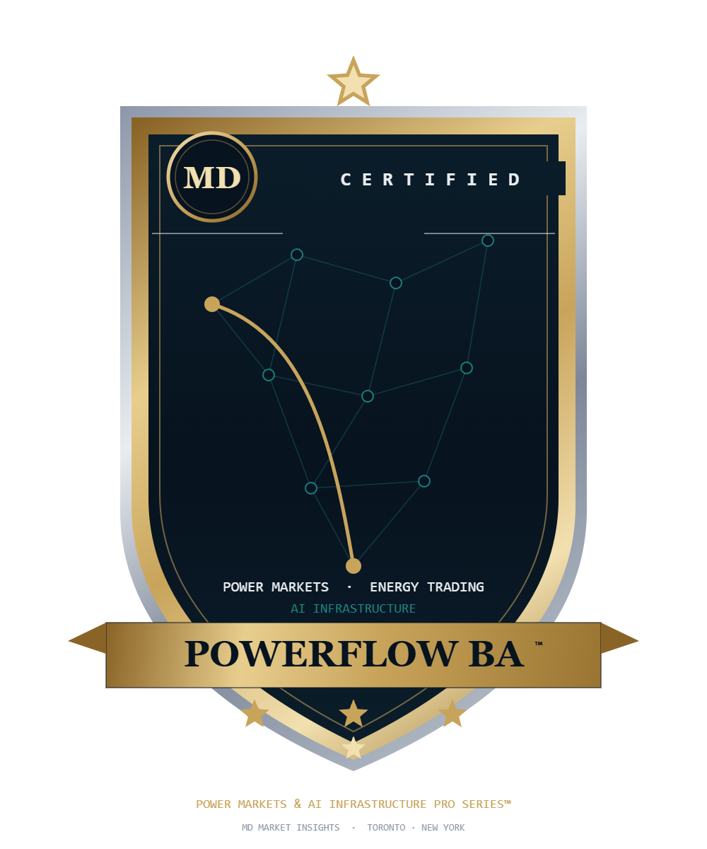POWERFLOW BA certified badge design proposal — silver rim, gold shield, nodal grid panel with gold conductor